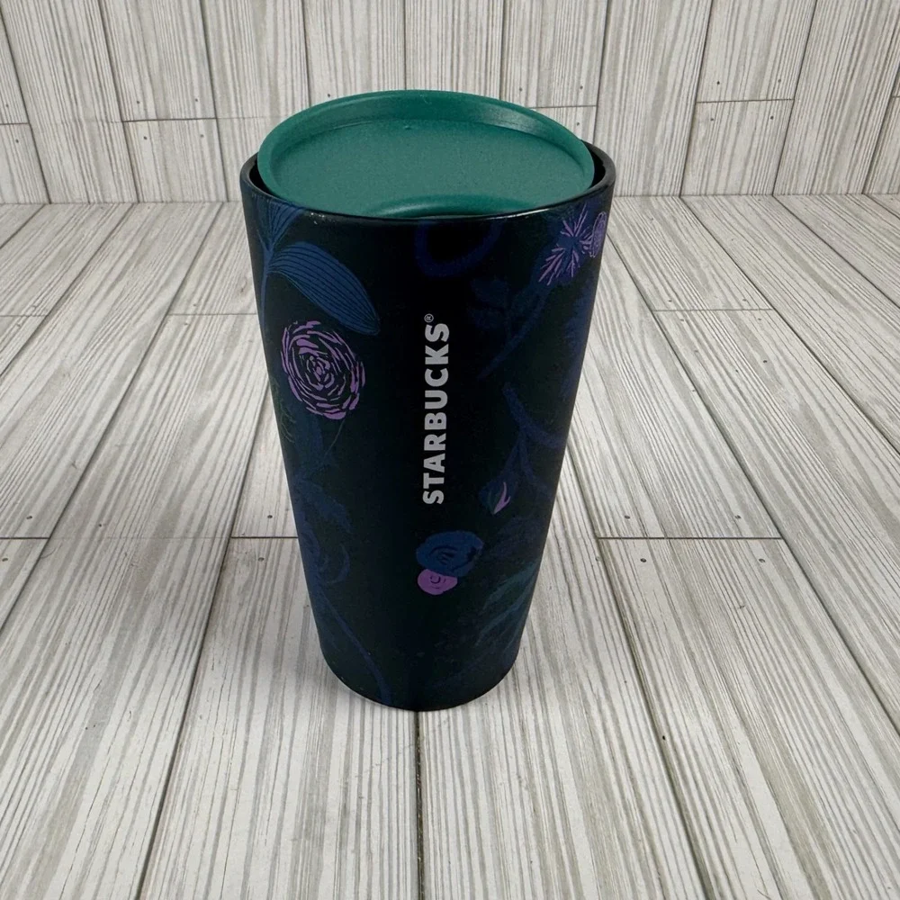 Starbucks Blue Peacock Rising Floral Ceramic  Coffee‎ Travel Tumbler 12oz